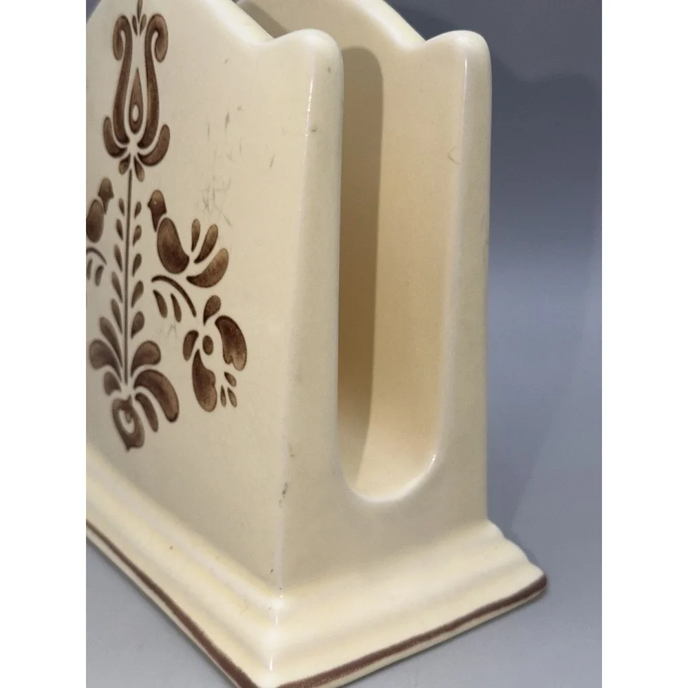 Pfaltzgraff Village Stoneware Napkin Holder Mail Organizer Folk Art Bird